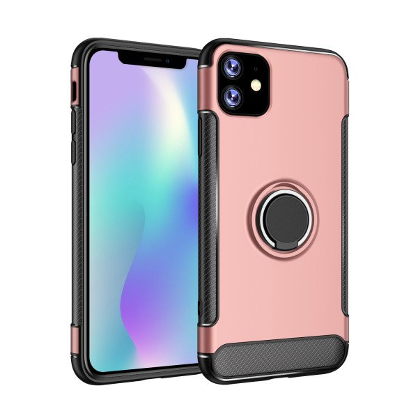 Wholesale iPhone 11 (6.1in) 360 Rotating Ring Stand Hybrid Case with Metal Plate (Rose Gold)